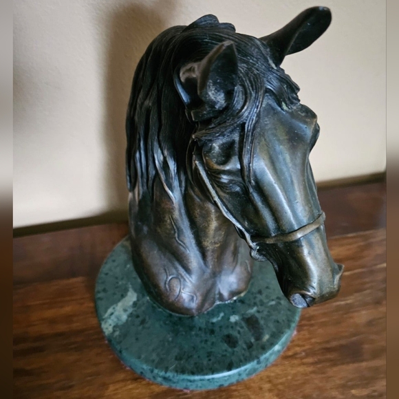 Vintage Bronze Horse Bust on Green Marble Base - Picture 2 of 4
